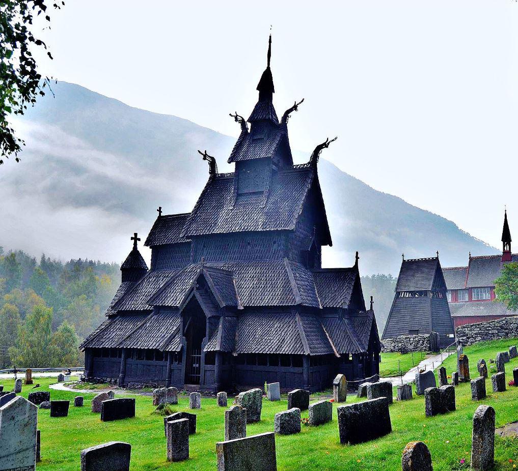 Borgund Stave Church in Norway, constructed without a single nail, between 1180 and 1250.