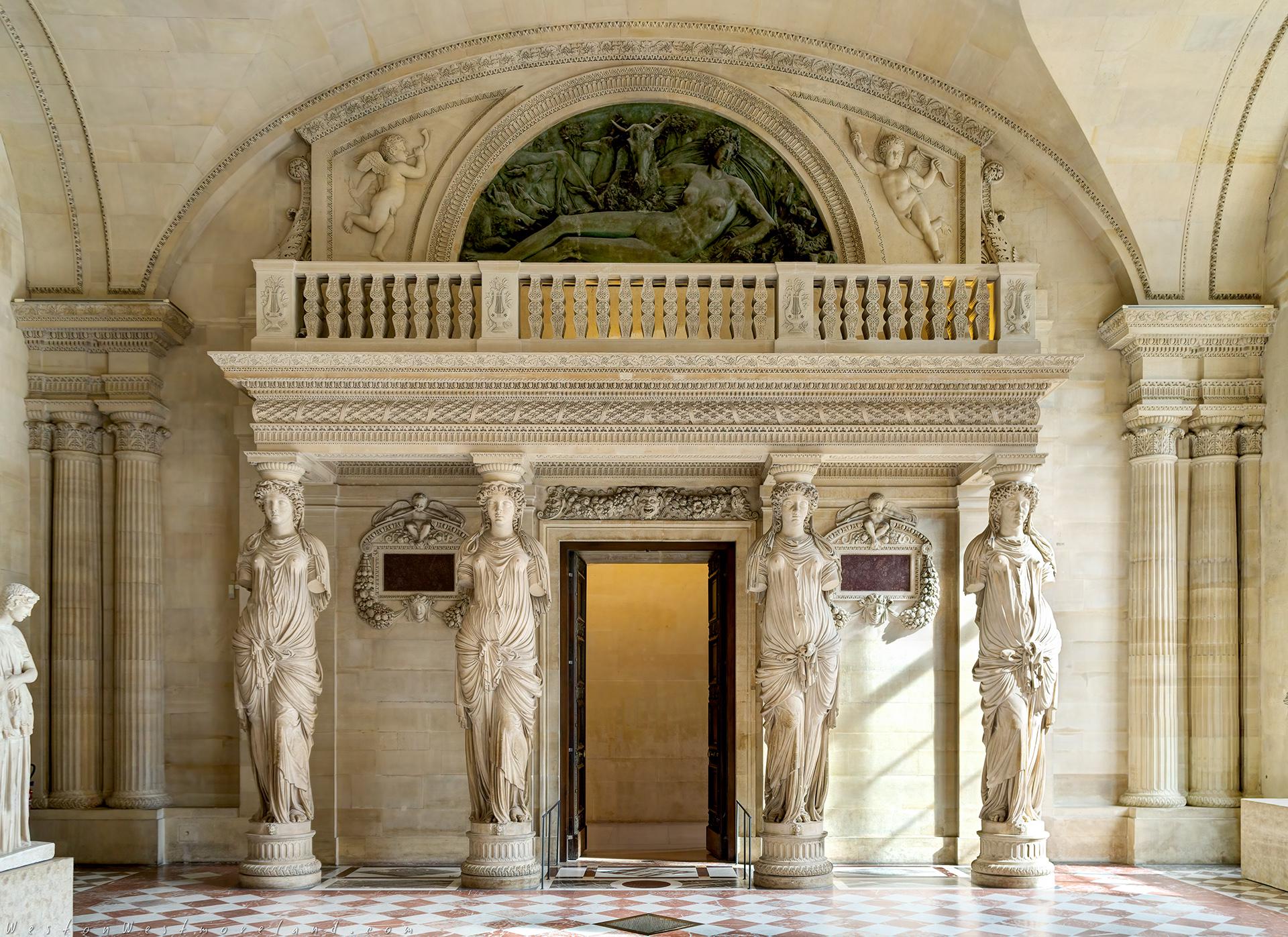 Hall of the Caryatides, Jean Goujon, Louvre Museum, Paris. This room of the museum was originally a dancing hall. The musicians would play from the balcony supported by these four Caryatids [1920x1337]