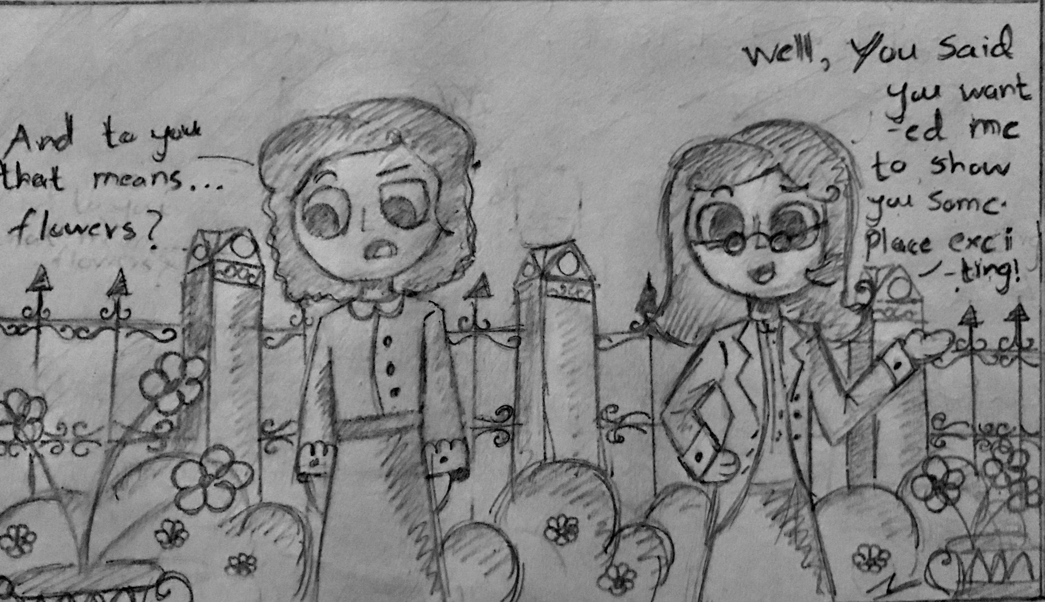 Funny web comic featuring two female OCs in a garden with flowers and a fence