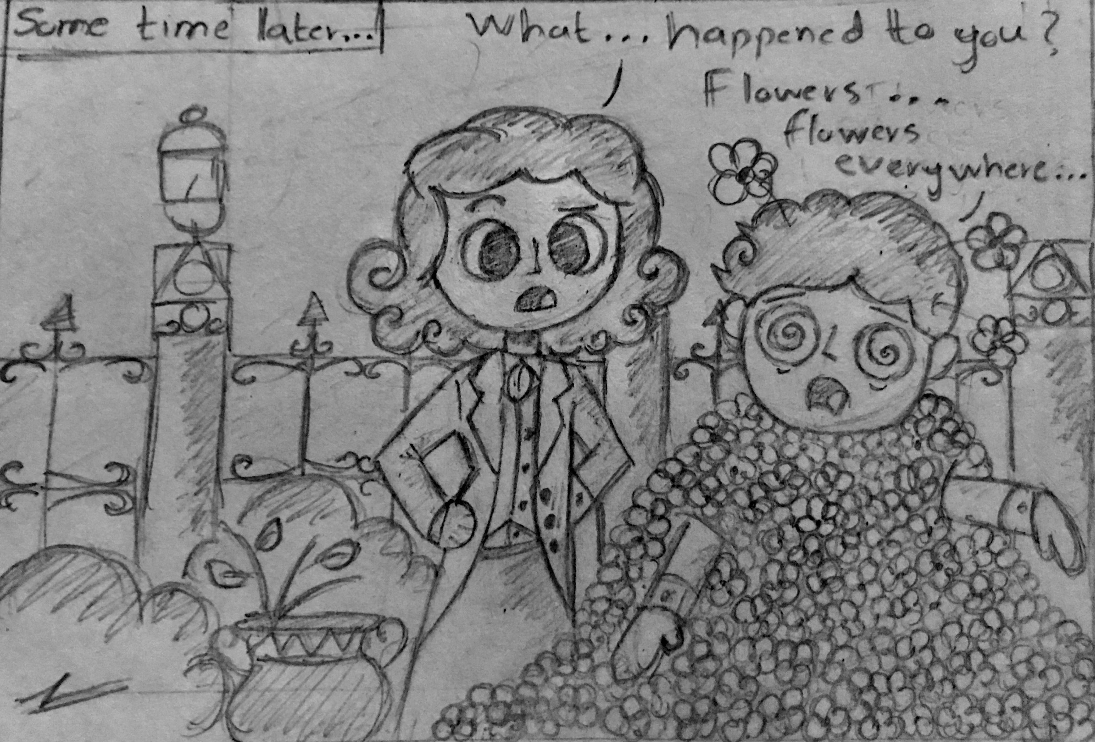 Funny web comic featuring two female OCs in a garden with flowers and a fence