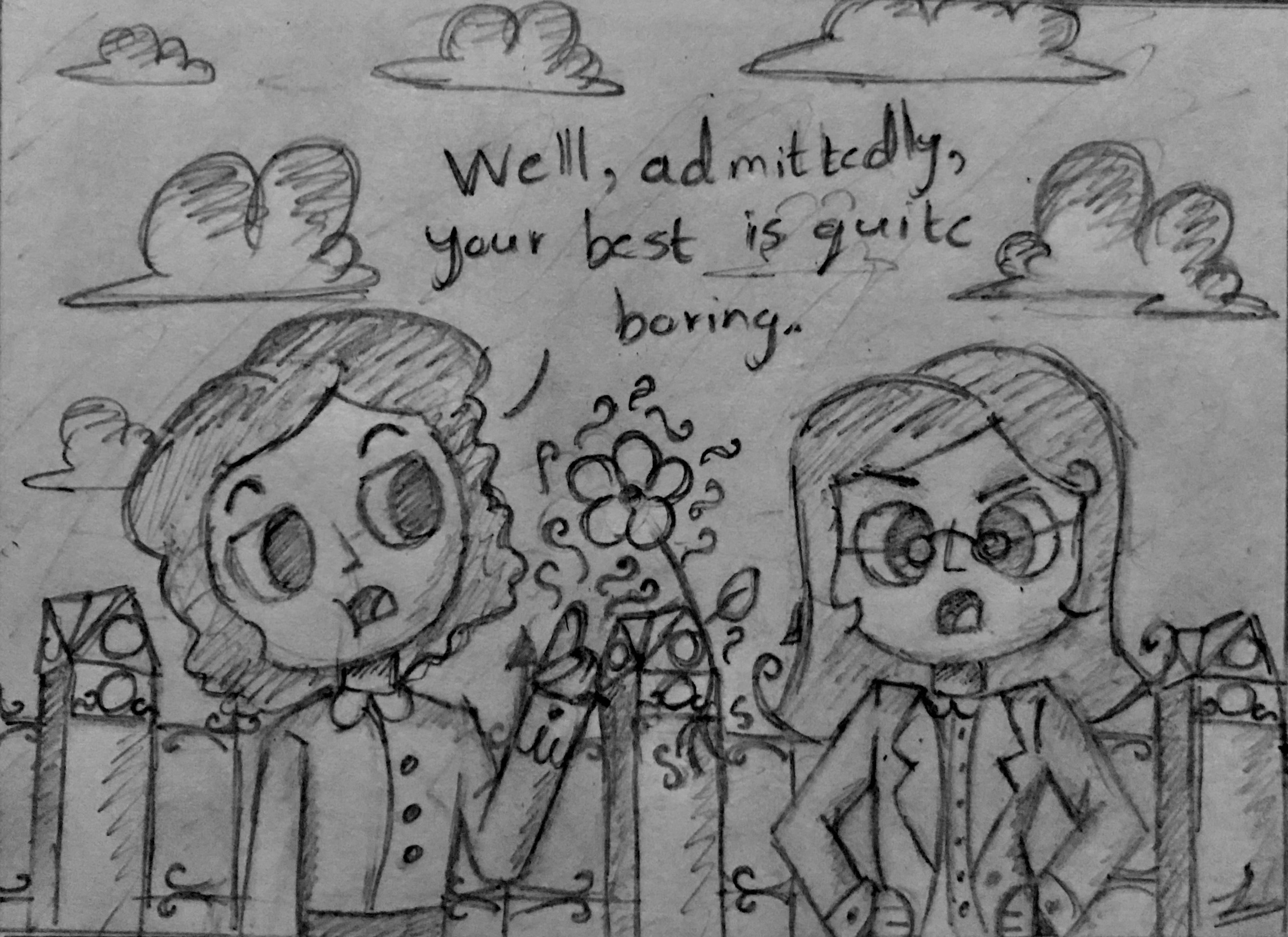 Funny web comic featuring two female OCs in a garden with flowers and a fence