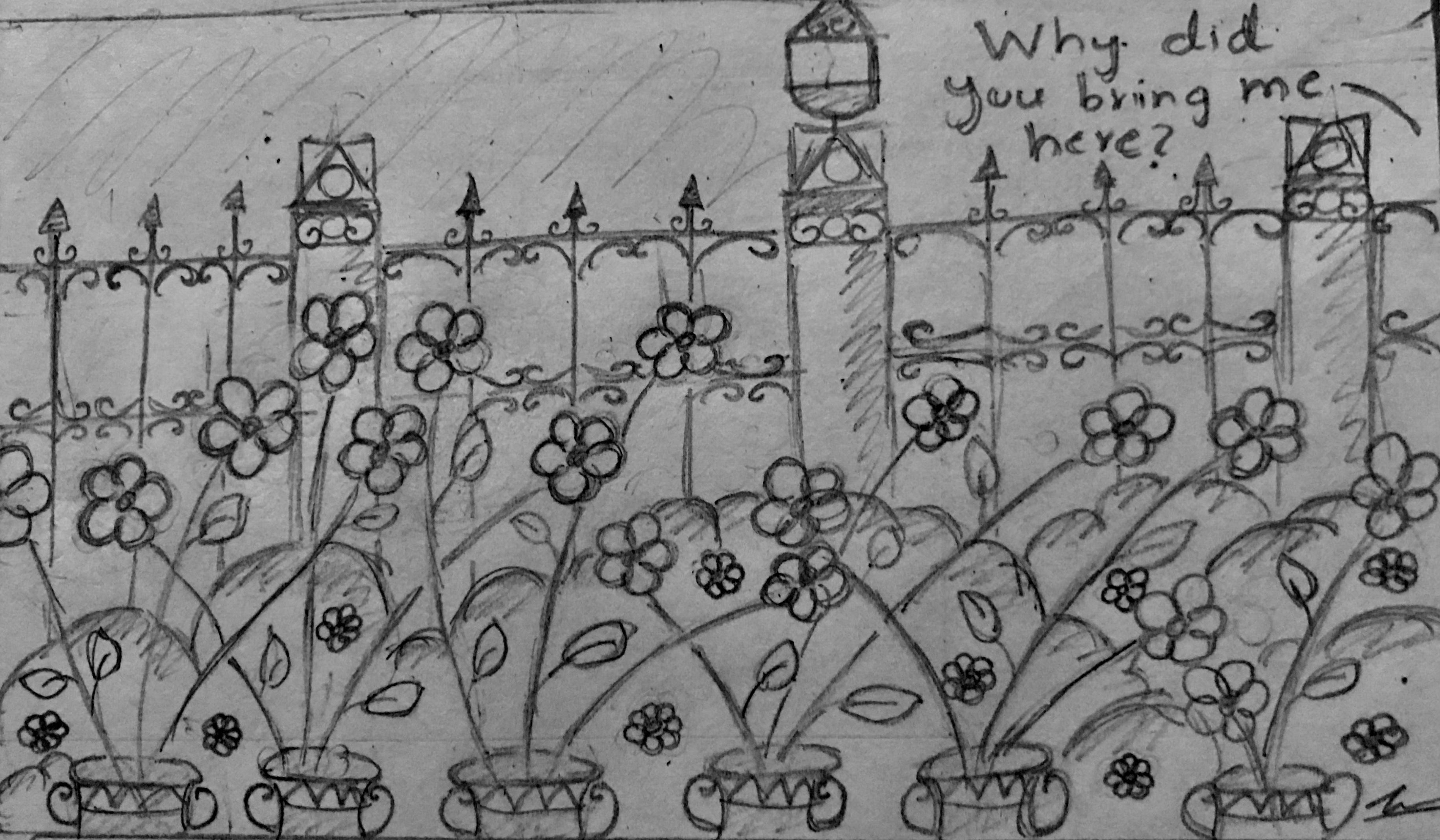 Funny web comic featuring two female OCs in a garden with flowers and a fence