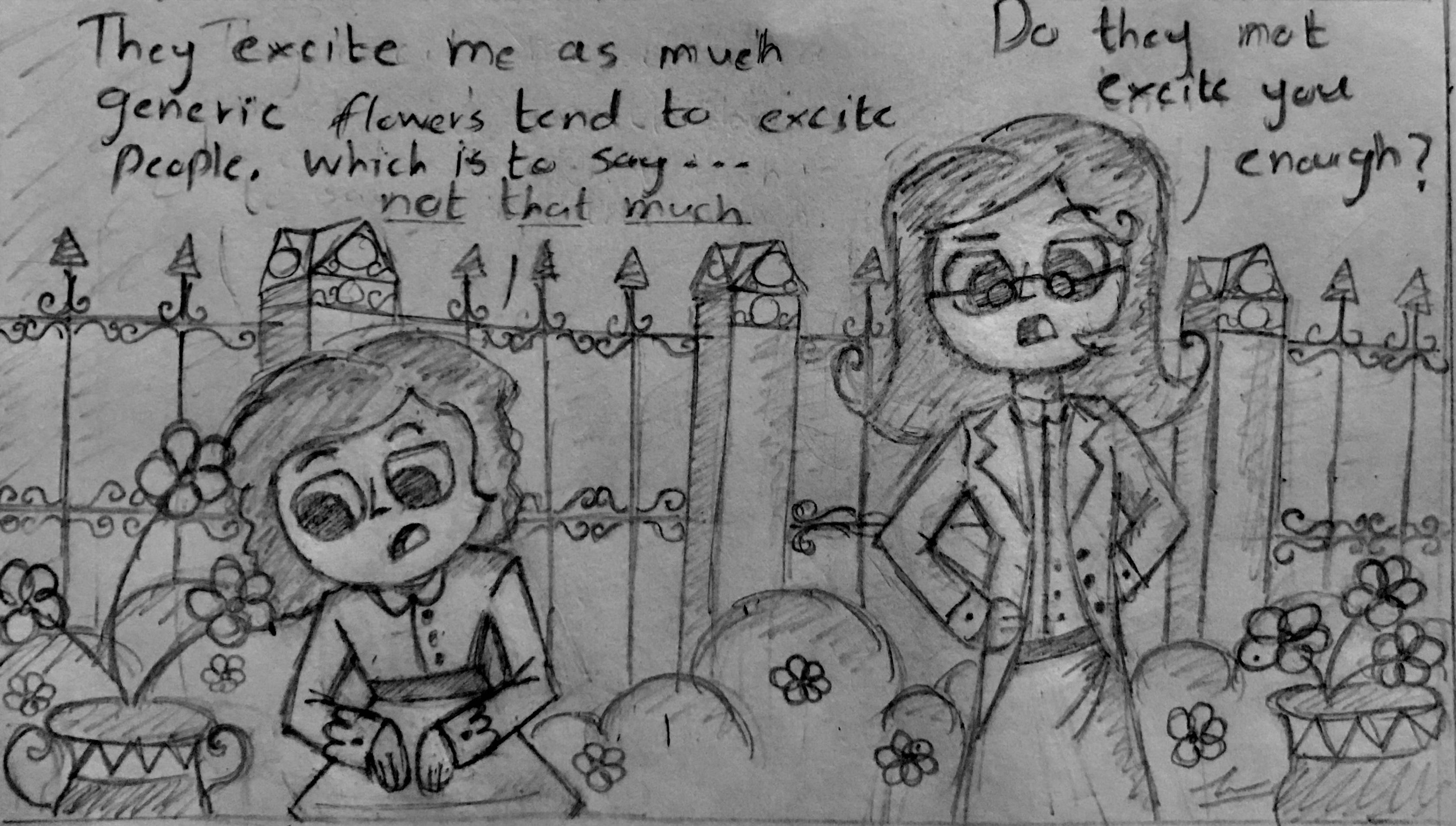 Funny web comic featuring two female OCs in a garden with flowers and a fence