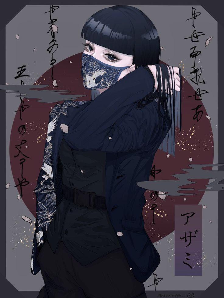 Azami from Project Neural Cloud in a dark blue tactical suit and topless anime fan art by @Ruffy_Lamby