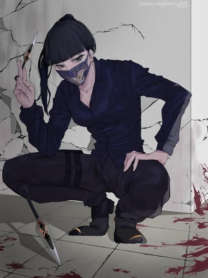 Azami from Project Neural Cloud in a dark blue tactical suit and topless anime fan art by @Ruffy_Lamby