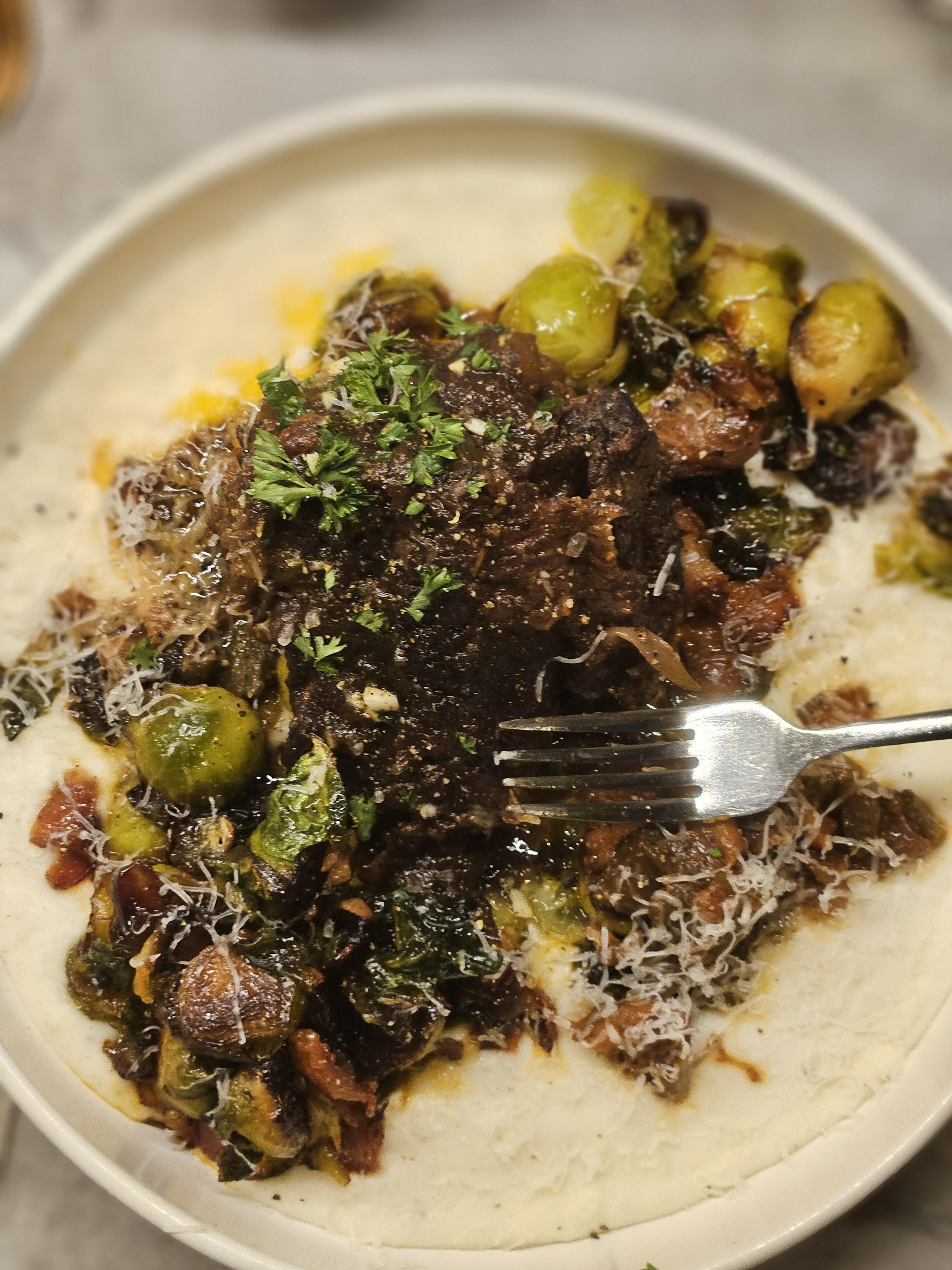 [Homemade] red wine braised short ribs over sweet chili sprouts and ...