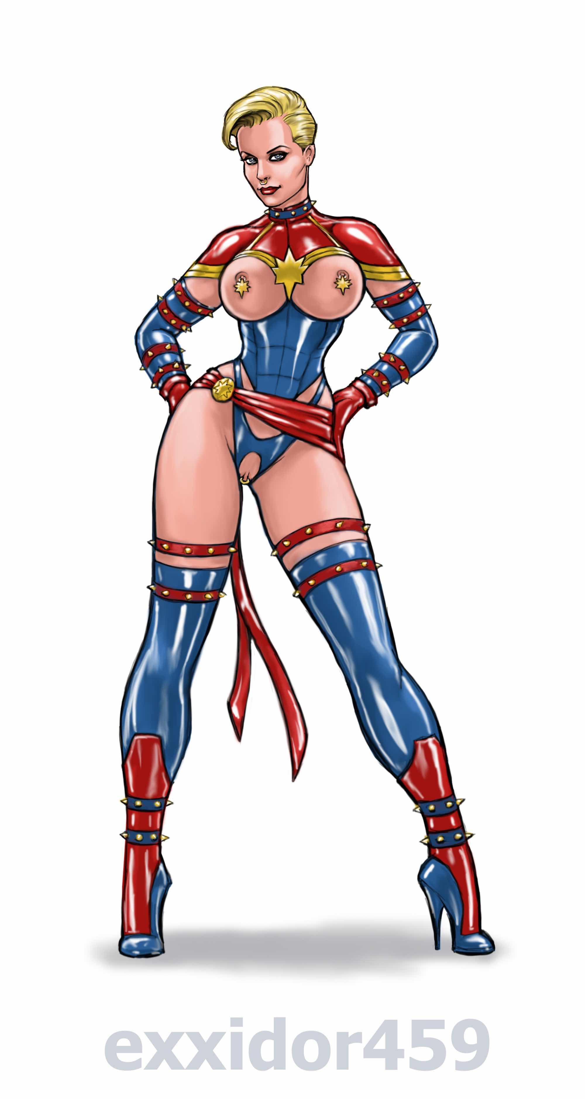 Marvel and DC Comics fan art of busty blonde and slim brunette superheroes in revealing leotards and catsuits