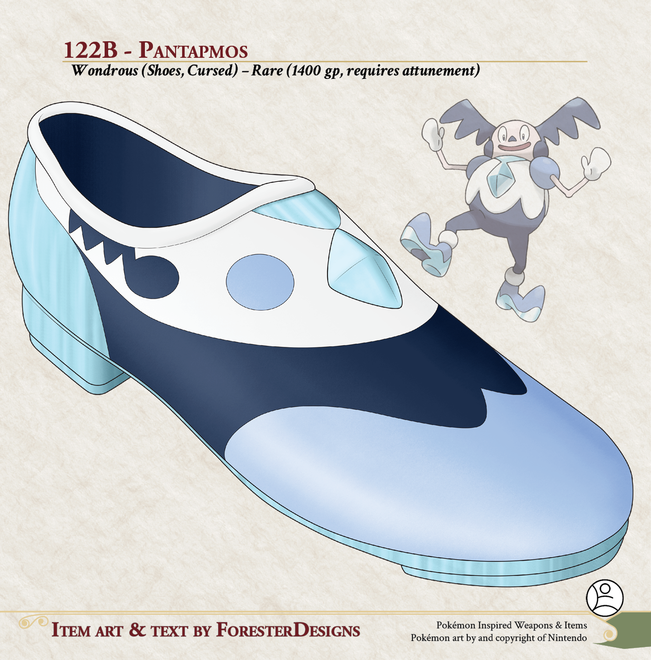 Galarian Mr. Mime inspired Pantapmos cursed shoes by ForesterDesigns, featuring blue and white heels and game text.