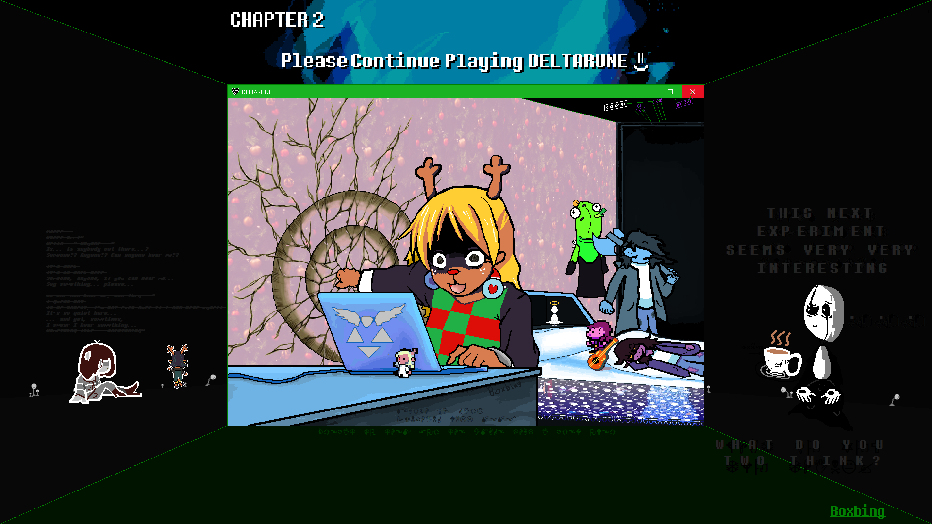 Noelle from Deltarune with a brown ponytail and yellow t-shirt punching a cracked wall at a desk with a laptop