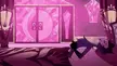 Hazbin Hotel fan art of a slender purple character with spiky hair waking up distressed in a pink bedroom