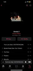 Kanye West Donda 2 album cover art of a burning house on a music app interface