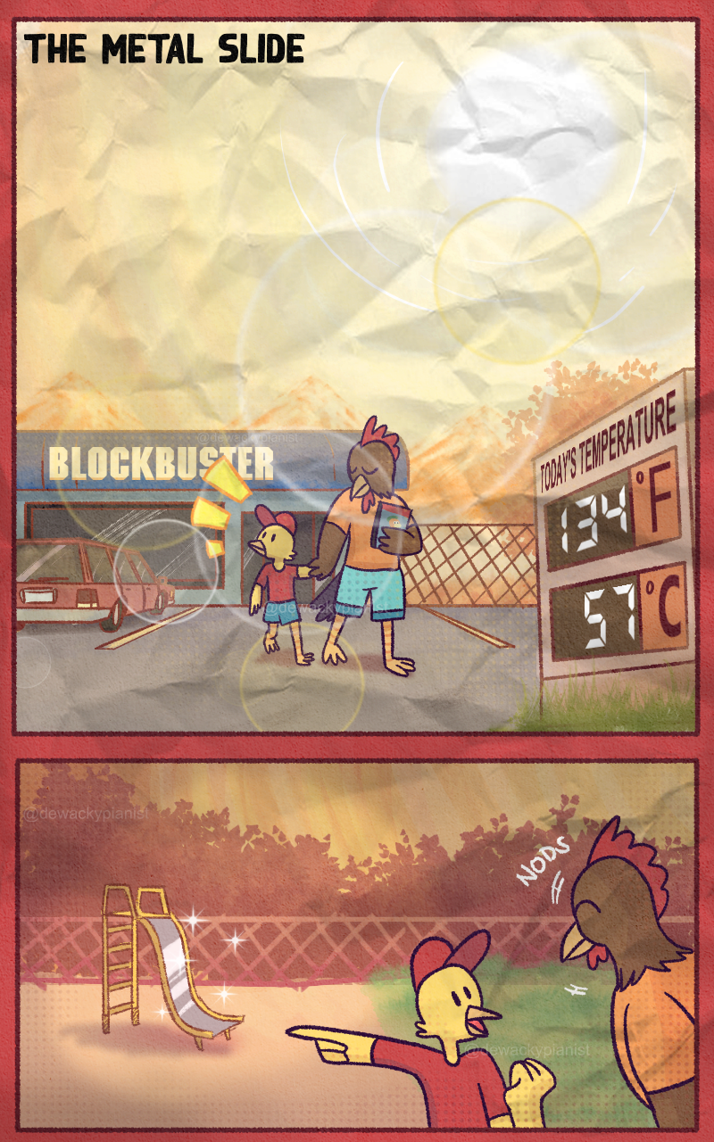 Furry irl comic of anthropomorphic chickens at a playground with a metal slide and a Blockbuster store in the heat.