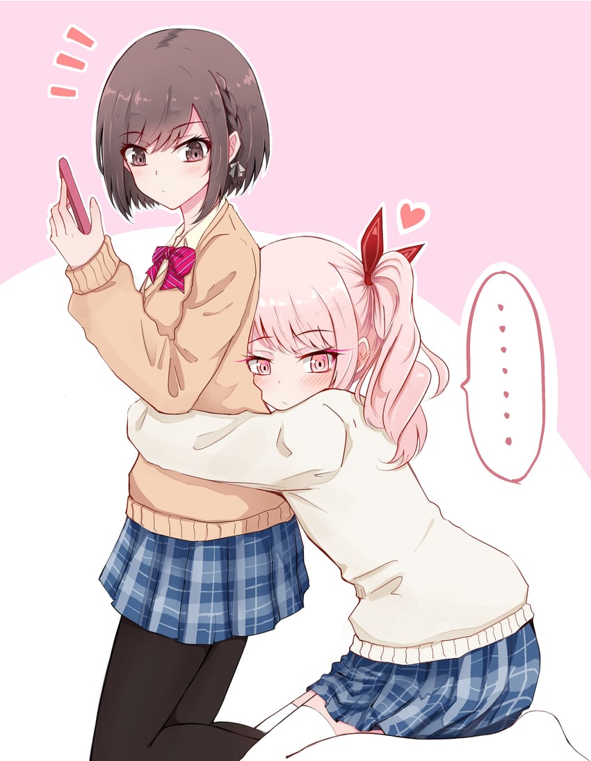 Anime art of cute traps in pairs, featuring plaid skirts, a black dress, and a grey suit.
