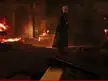 A character in a black cloak and white mask attacks Mayor Zander in a cowboy hat amidst burning gothic ruins in Final