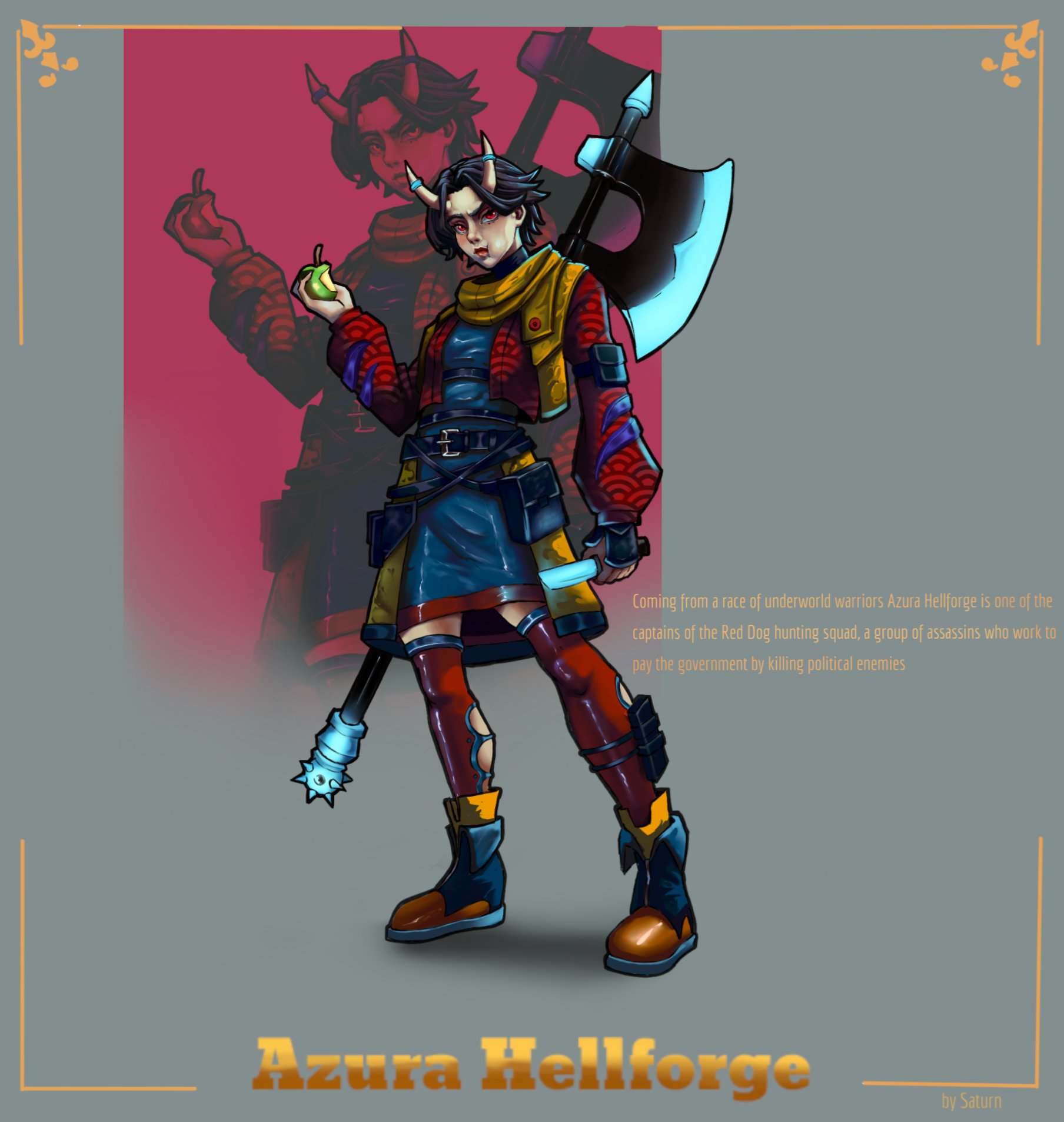 RPG character concept art of fantasy warriors including Azura Hellforge and Lord Satrammburg in digital anime style