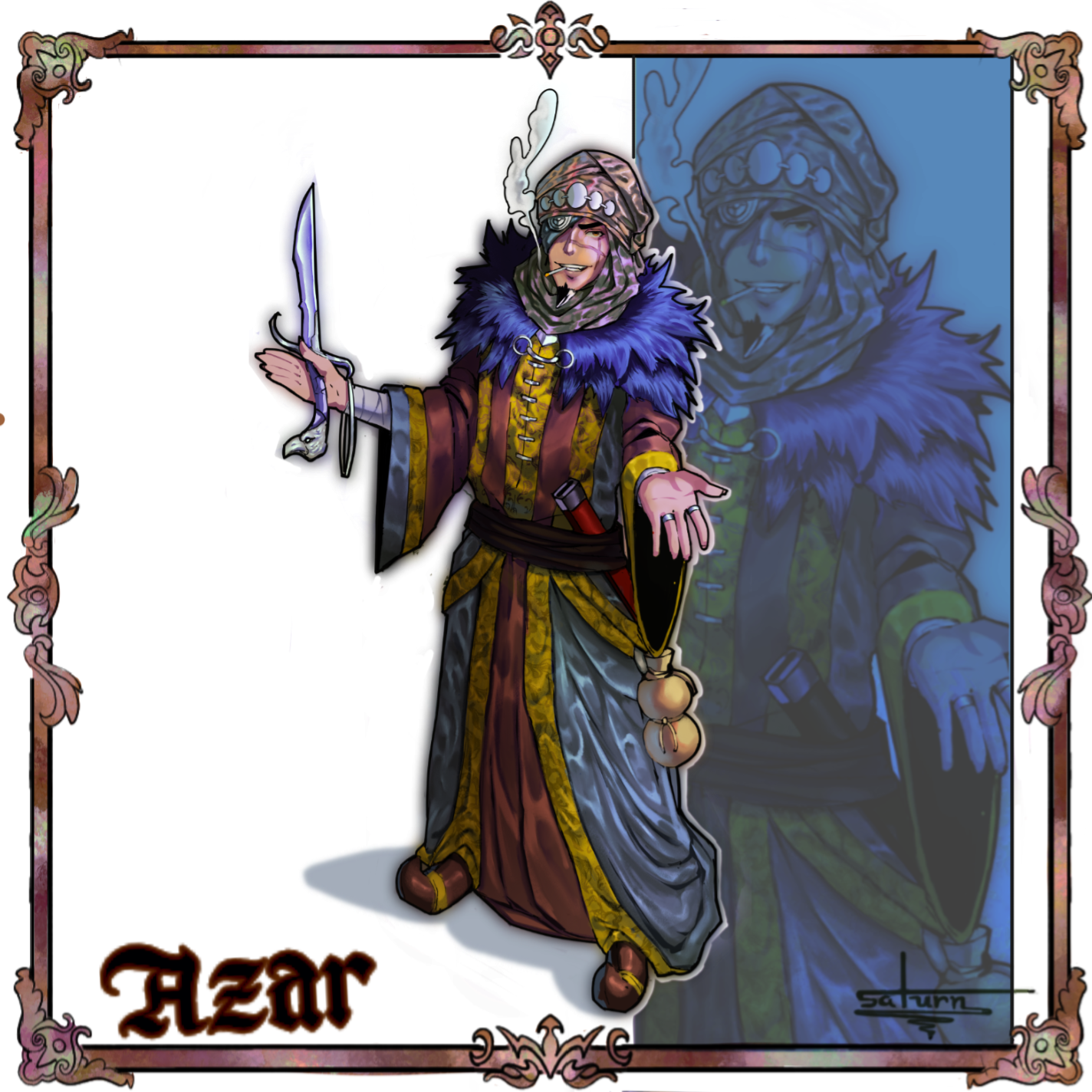 RPG character concept art of fantasy warriors including Azura Hellforge and Lord Satrammburg in digital anime style