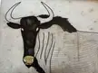 Concept art drawing of a black buffalo with long horns on a textured background.
