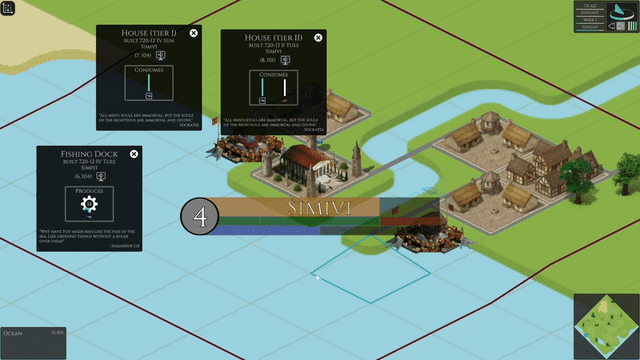 Civilization style city 3D map with building information panels, a river, and trees in a Transport Tycoon style game