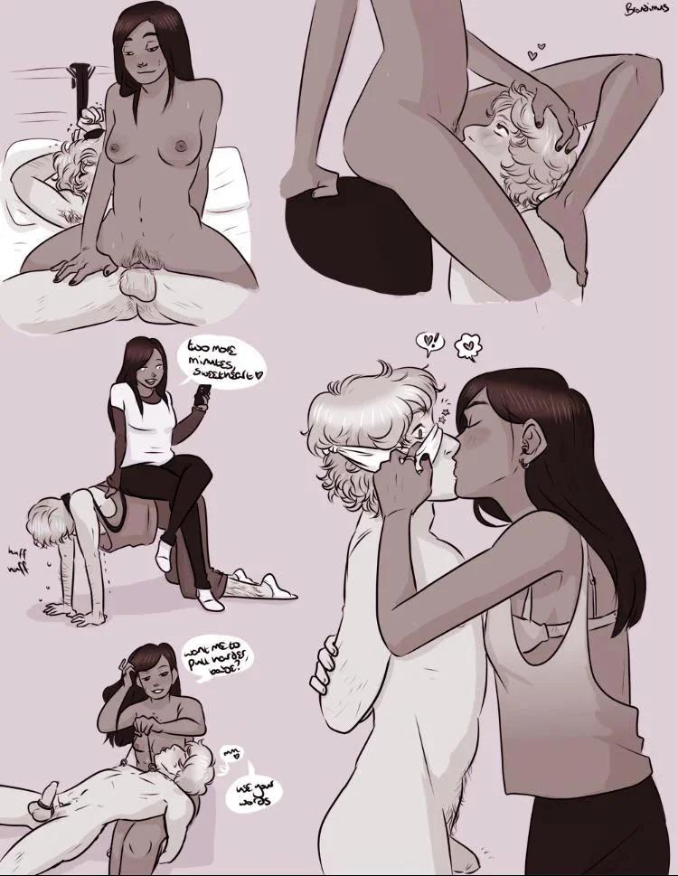 Femdom pegging and pet play roleplay with dominant women and male sluts in anime style.
