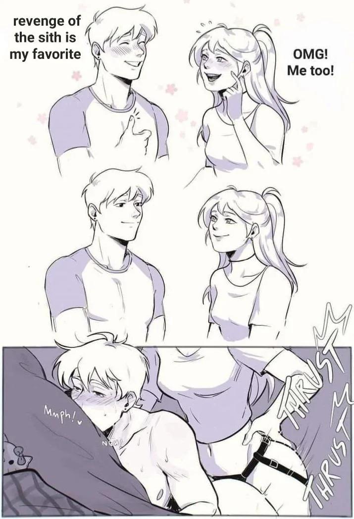 Femdom pegging and pet play roleplay with dominant women and male sluts in anime style.