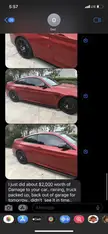 BMW red car damaged in an accident, shown in a cursed meme text post screenshot