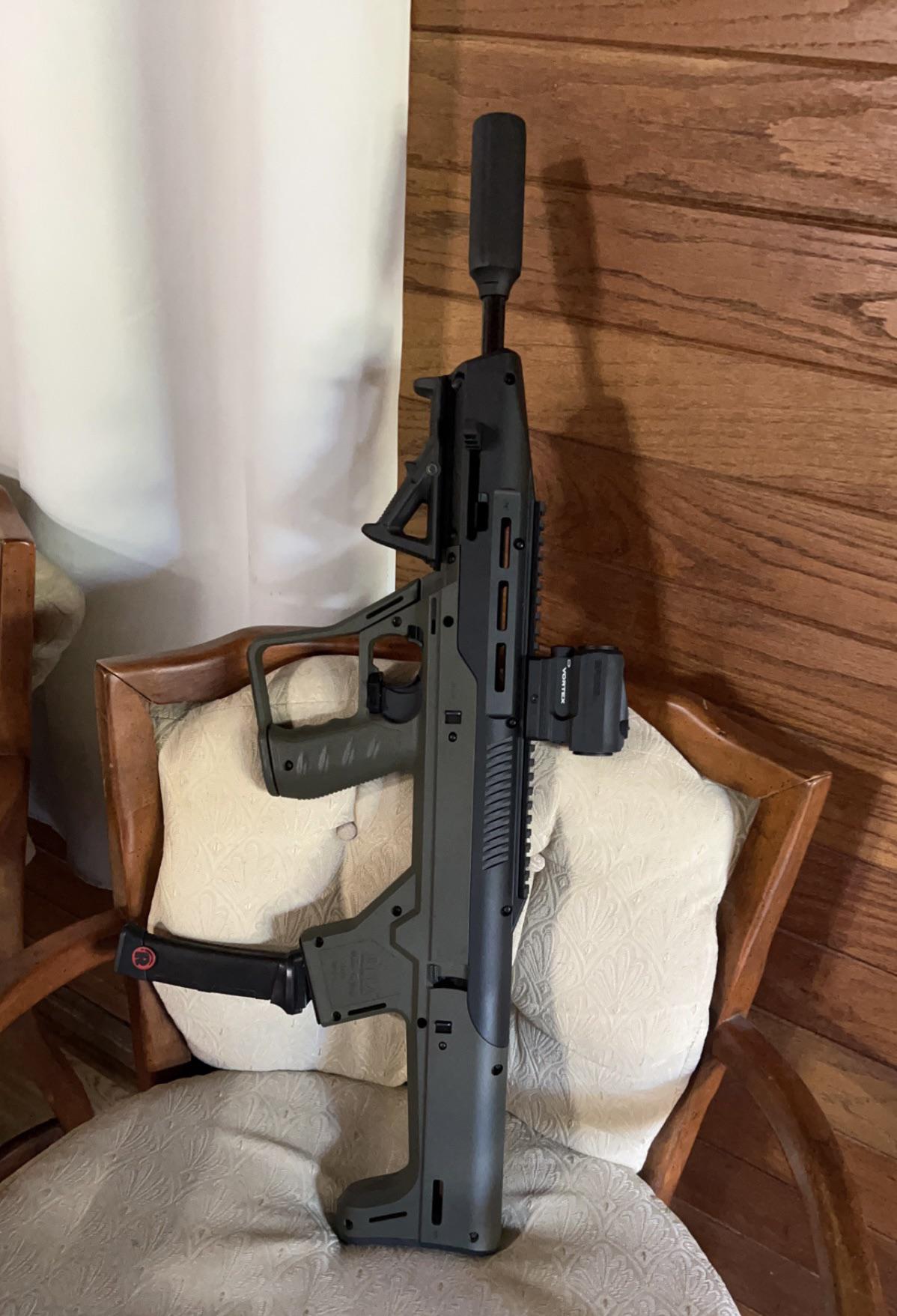 Hi point carbine with high tower bullpup kit. Honestly love this thing. Favorite gun I own at the moment