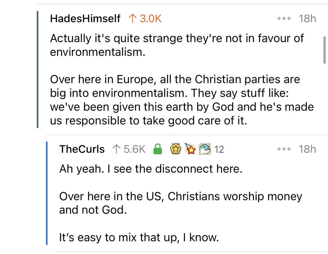A destroyedbywords text post featuring a satirical conversation about environmentalism and religion in Europe and the US.