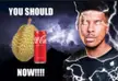 Taikposting meme of a man with glowing eyes, a durian, and a Coca-Cola can against a stormy background