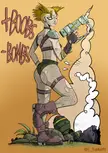 Fallout raider woman with blonde spiky hair, brown crop top, and futuristic weapon next to a smoking bomb