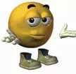 3D yellow emoji character with a skeptical expression wearing grey converse sneakers on a white background