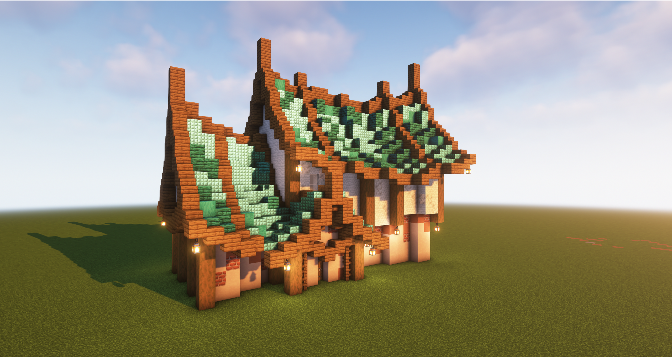 Japanese minecraft builds featuring a traditional East Asian style house with a green roof and wooden walls