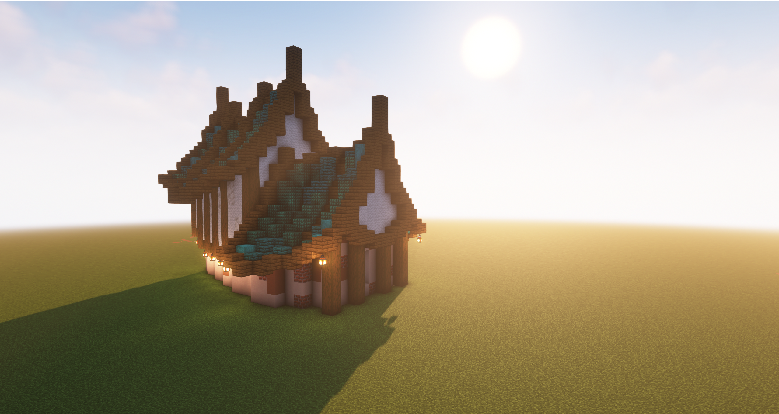 Japanese minecraft builds featuring a traditional East Asian style house with a green roof and wooden walls