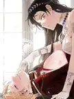 Albedo from Overlord in a red dress leaning over a blonde man, anime art style, cleavage and partial breast exposure