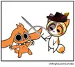 Chikn Nuggit fan art featuring orange and white cat-like creatures fighting with swords and guns on a grassy field.