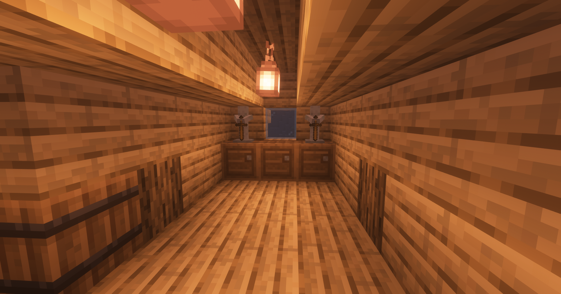 Medium size survival hut in Minecraft with lanterns and interior furniture