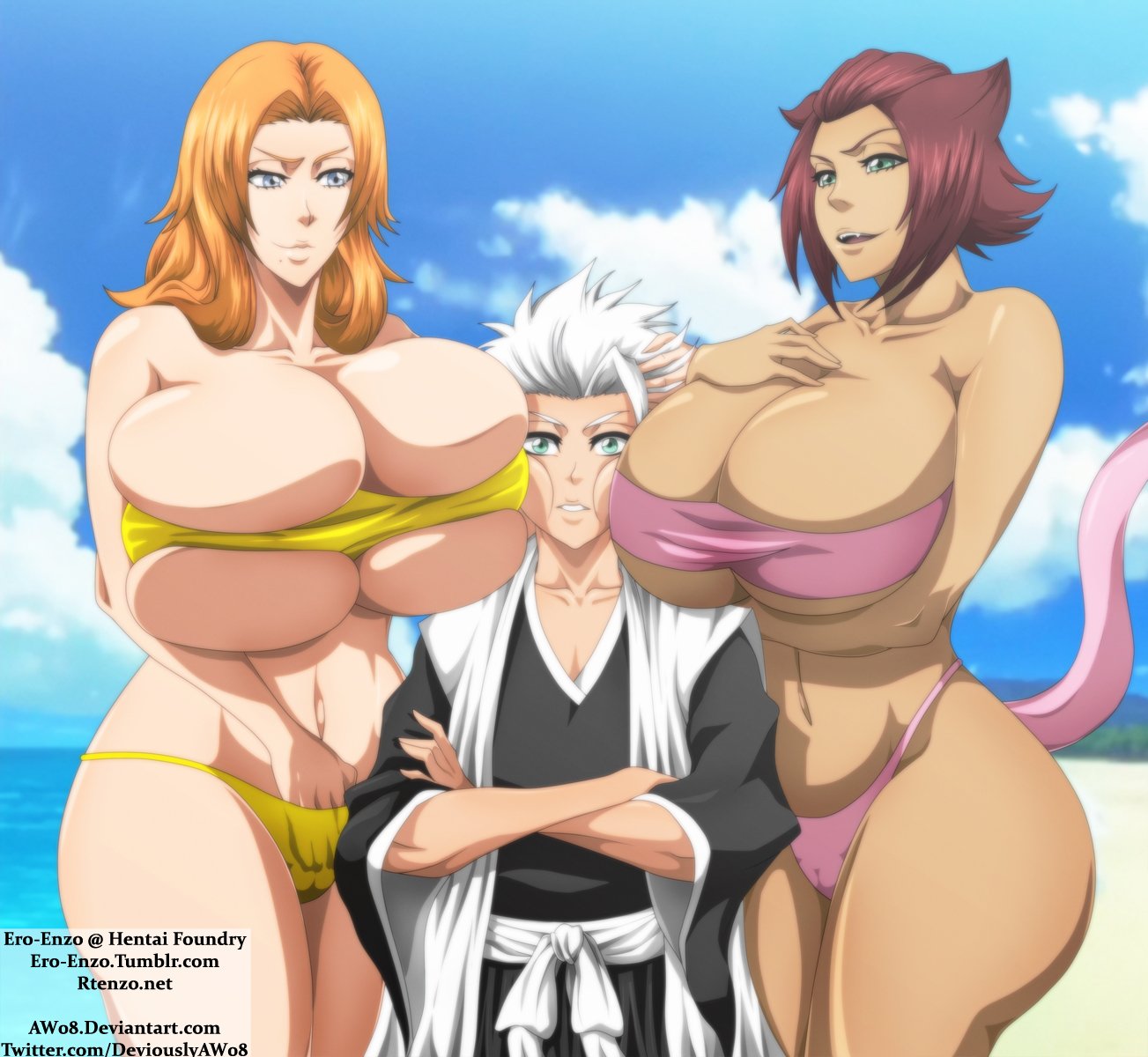 Hypnosis and pet play digital art featuring busty, thick anime girls of various ethnicities in a harem