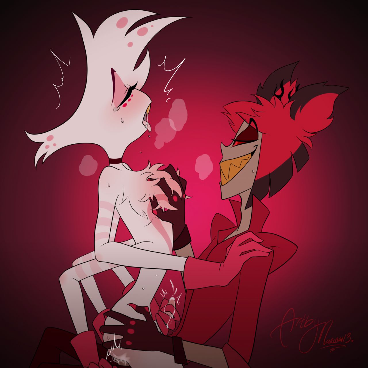 Hazbin Hotel fan art featuring Alastor and other anthropomorphic demons in bondage and sexual encounters.