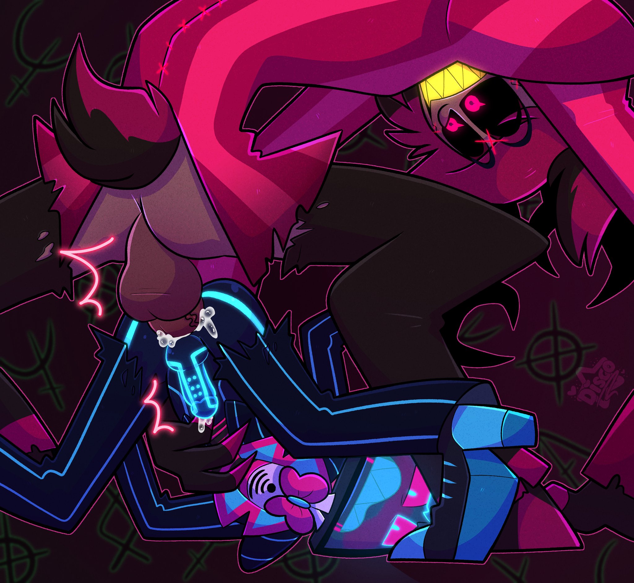 Hazbin Hotel fan art featuring Alastor and other anthropomorphic demons in bondage and sexual encounters.