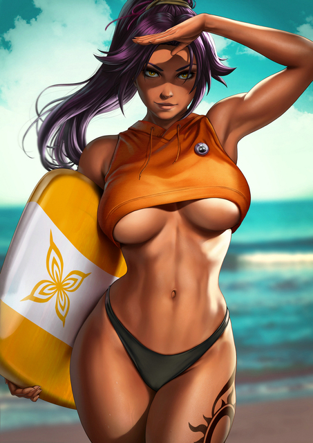 Hentai anime girls with blonde, pink, orange, and purple hair in bikinis and nude poses