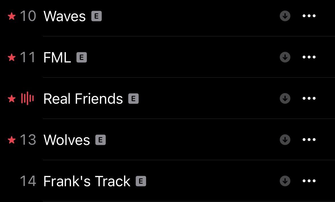 Kanye West music playlist screenshot featuring tracks Feedback, Low Lights, Highlights, Freestyle 4, and I Love Kanye