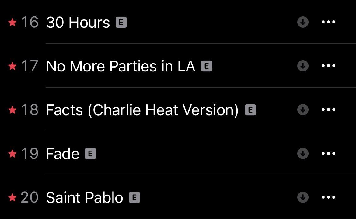 Kanye West music playlist screenshot featuring tracks Feedback, Low Lights, Highlights, Freestyle 4, and I Love Kanye
