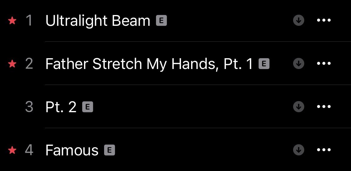 Kanye West music playlist screenshot featuring tracks Feedback, Low Lights, Highlights, Freestyle 4, and I Love Kanye