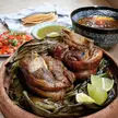 Homemade: Lamb Barbacoa in banana leaves, consome, salsas, and corn tacos