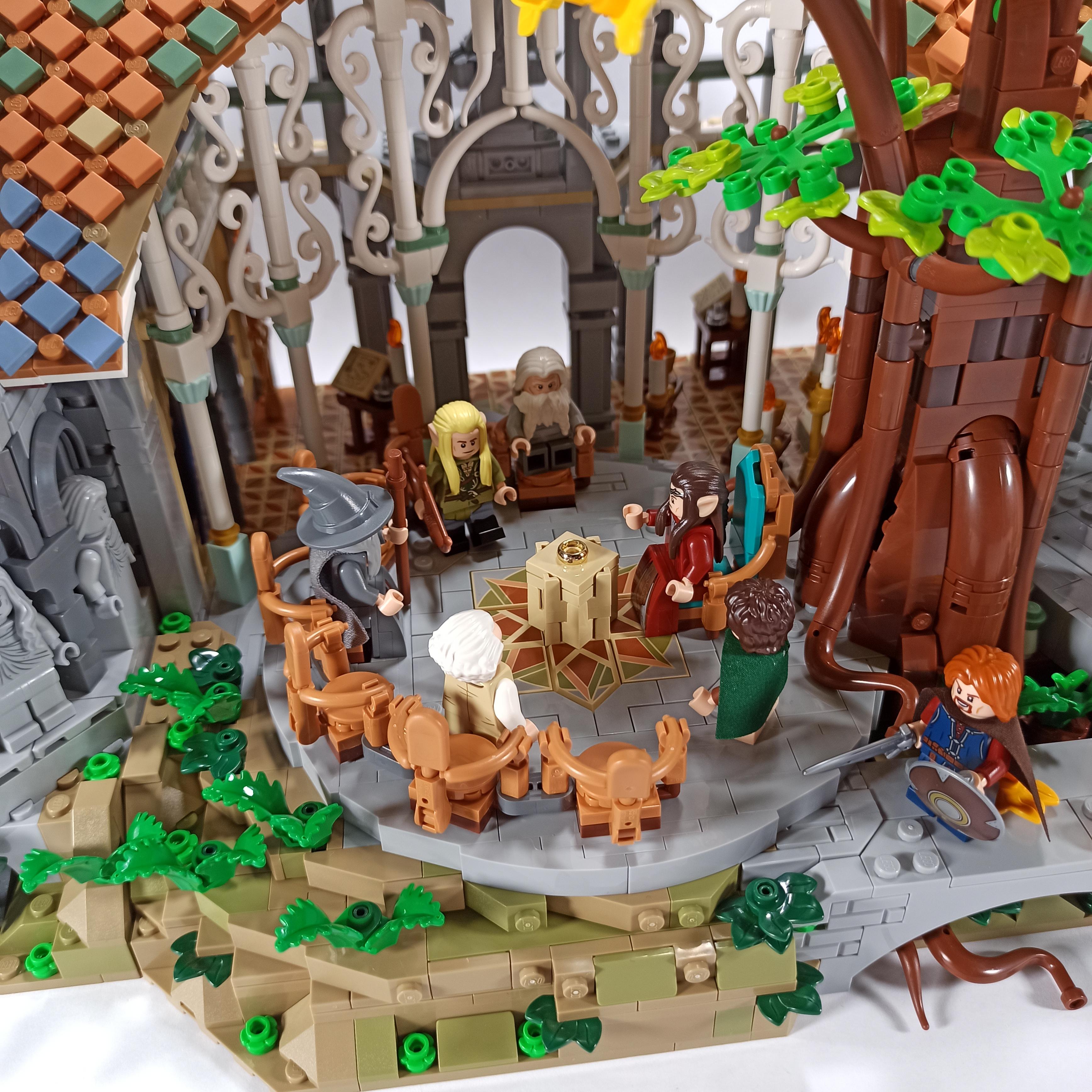 LEGO Icons 10316 The Lord of the Rings Rivendell diorama with minifigures in a forest setting