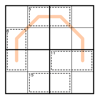 Killer Sudoku puzzle diagram with a peach curved line and dashed rectangles on a white background