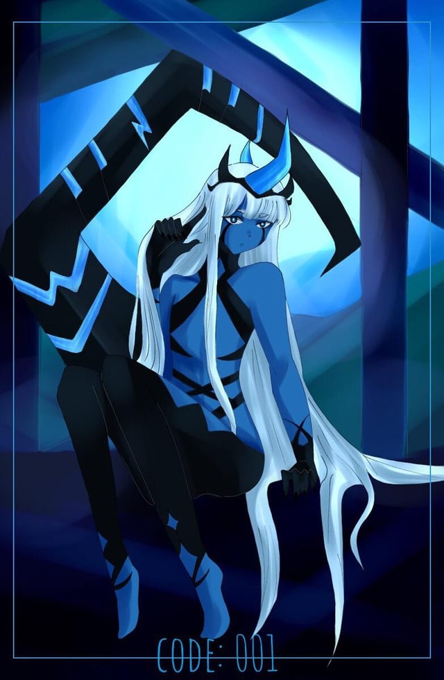 Zero One anime art of a blue-skinned woman with long white hair, horns, and a black catsuit
