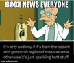 Dank meme of a bald cartoon character in a white lab coat and glasses in a laboratory with text about sparkling butt stuff