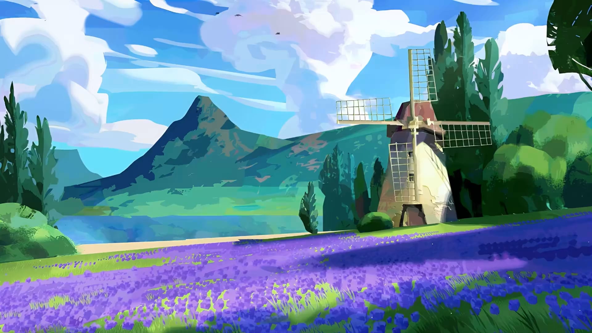 Windmill in Flower Field