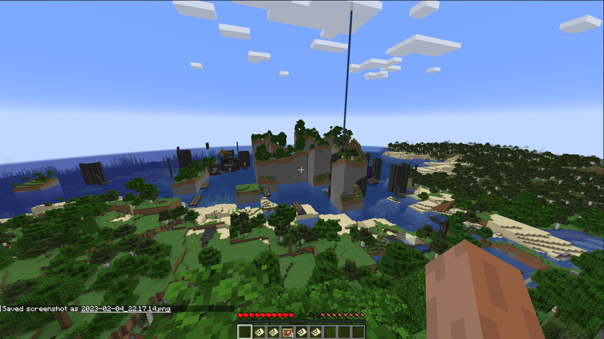 Cursed Minecraft world with distorted islands, forests, and buildings after a Bedrock to Java conversion