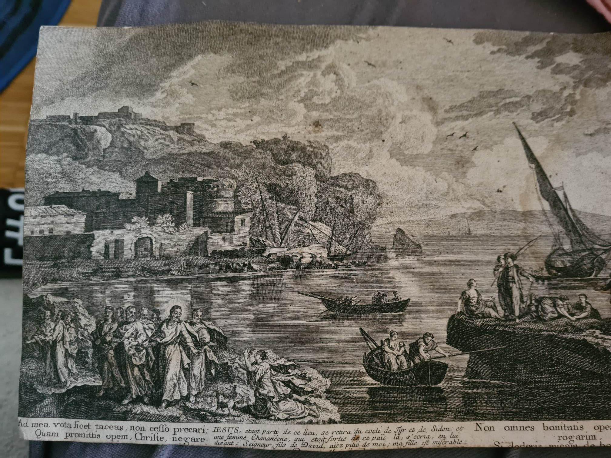 Black and white copper engravings (Kupferstichs) of a biblical scene with people in robes and a coastal landscape with boats
